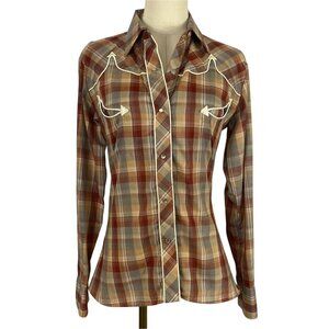 Vintage 70s Tem Tex Grey Orange Red Plaid Western Button Up Shirt